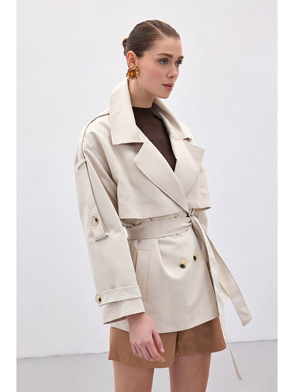 Bej Kısa Trençkot - Taş-3