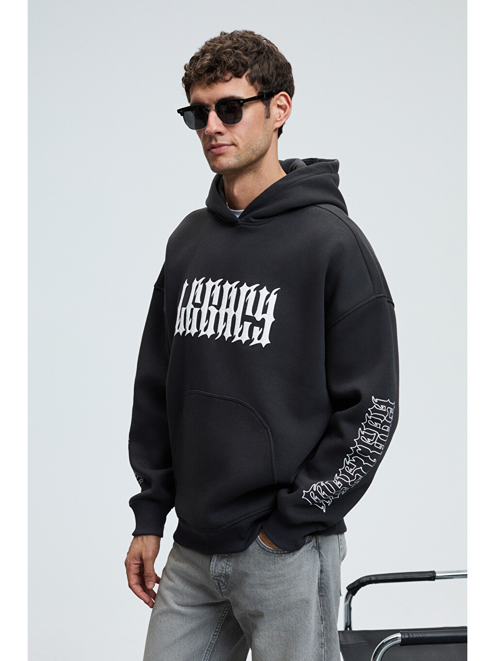 Armand Erkek Kapüşonlu Kanguru Cepli Önü Baskılı Oversize Antrasit Sweatshirt-3