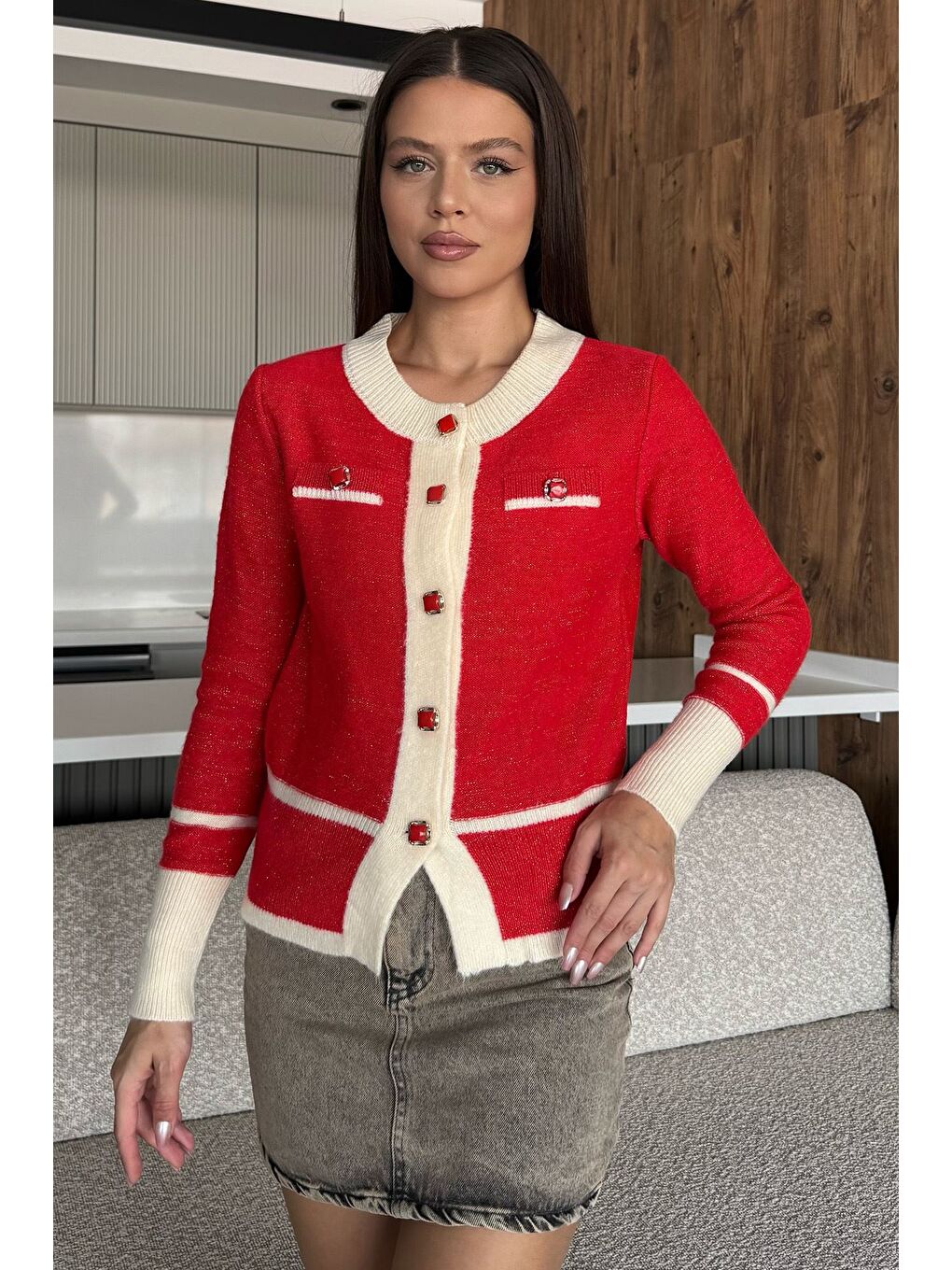 Kırmızı Sahte Cepli Triko Hırka (s,m,l Uyumludur)