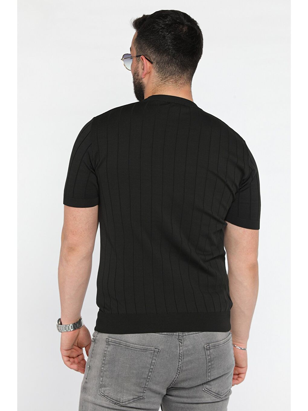 Siyah Erkek Bisiklet Yaka Kendinden Çizgi Desenli Triko Tişört-2