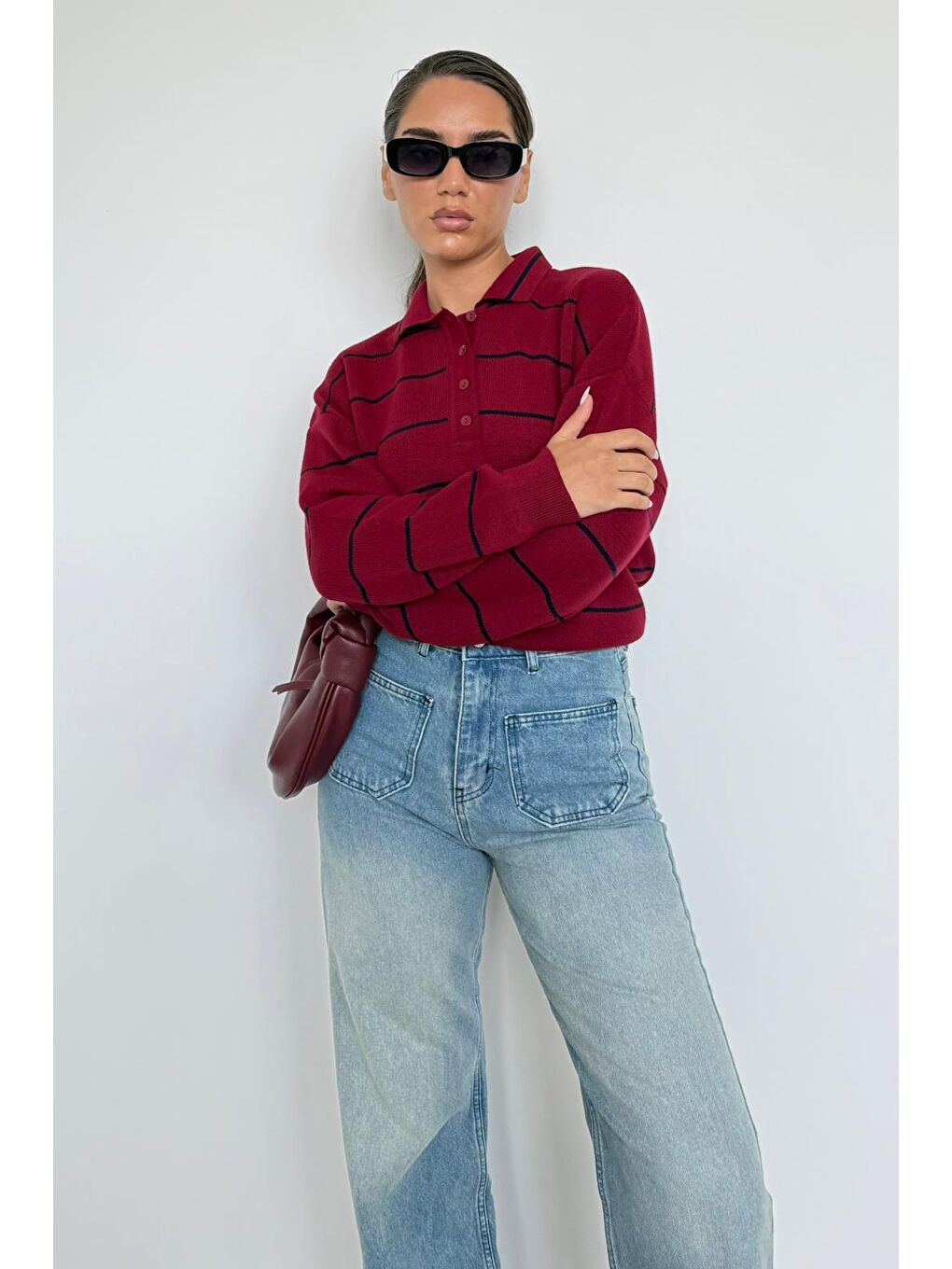 Bordo Çizgili Polo Yaka Kadın Triko Kazak Mg2470-1