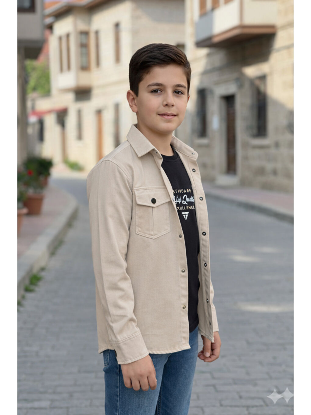 Bej Erkek Çocuk Çıtçıtlı Gömlek Tişört Üst Takım-1