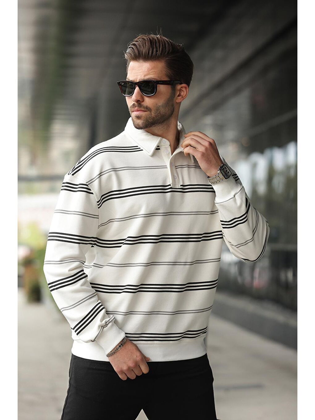 Ekru Çizgili Polo Yaka Erkek Sweatshirt E7172-2