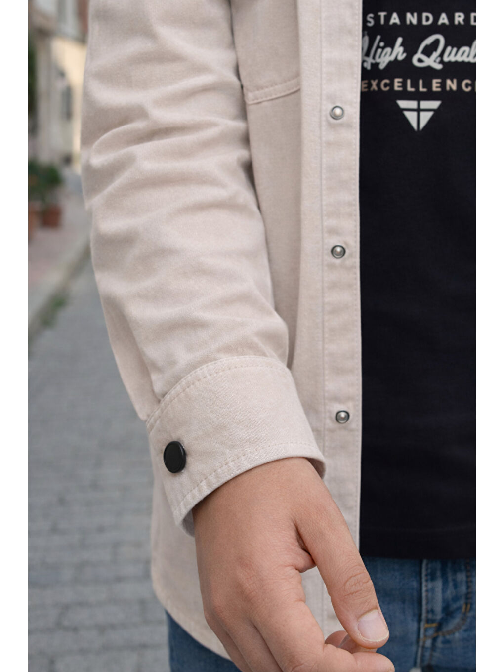 Bej Erkek Çocuk Çıtçıtlı Gömlek Tişört Üst Takım-2