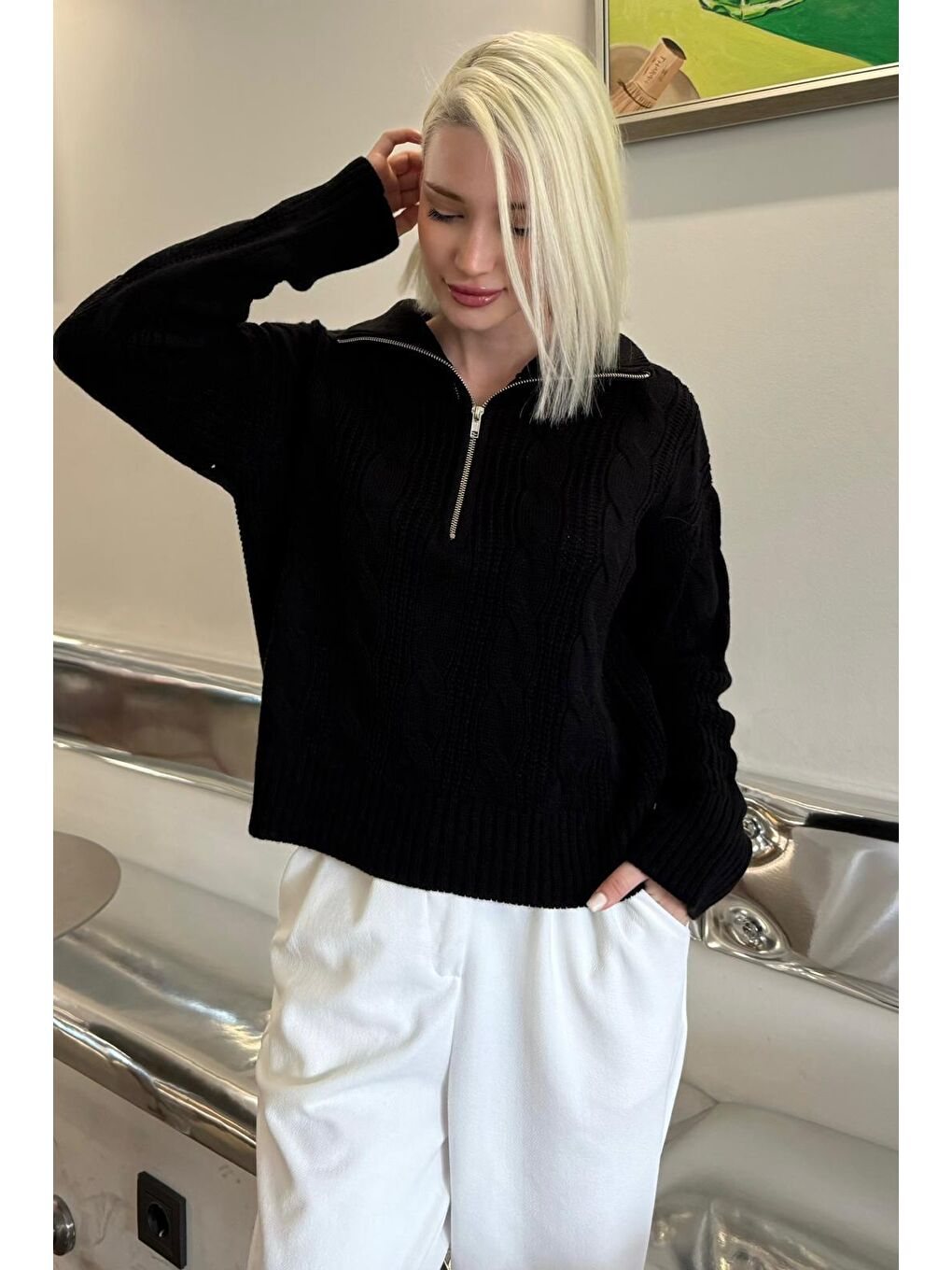 Siyah Örgü Desenli Kadın Triko Kazak Mg2546-1