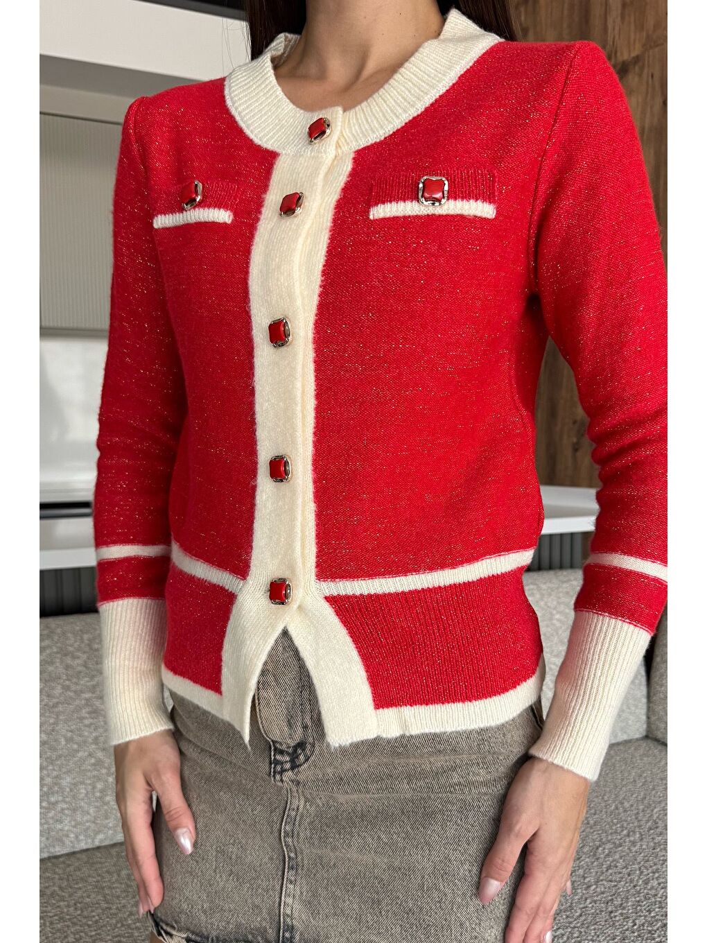 Kırmızı Sahte Cepli Triko Hırka (s,m,l Uyumludur)-1