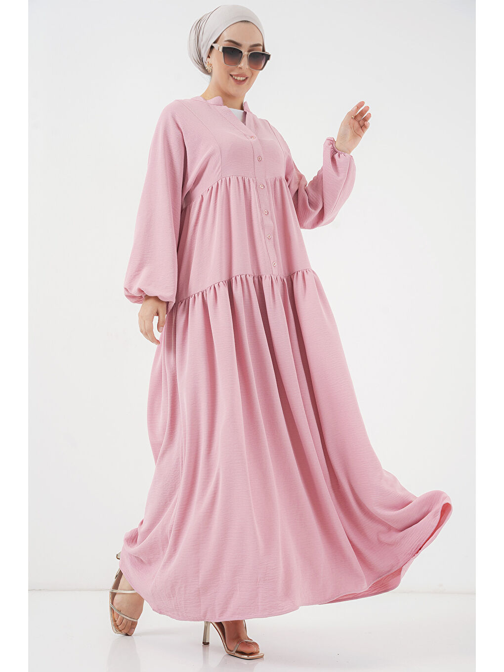 Pembe 2527 Kadın Uzun Tesettür Elbise - Pudra-2