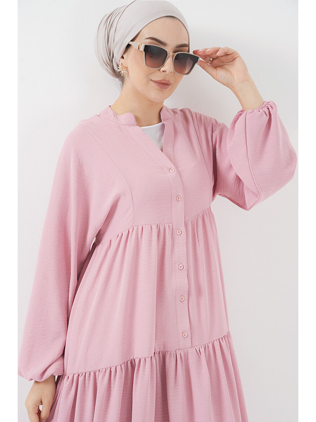 Pembe 2527 Kadın Uzun Tesettür Elbise - Pudra-3