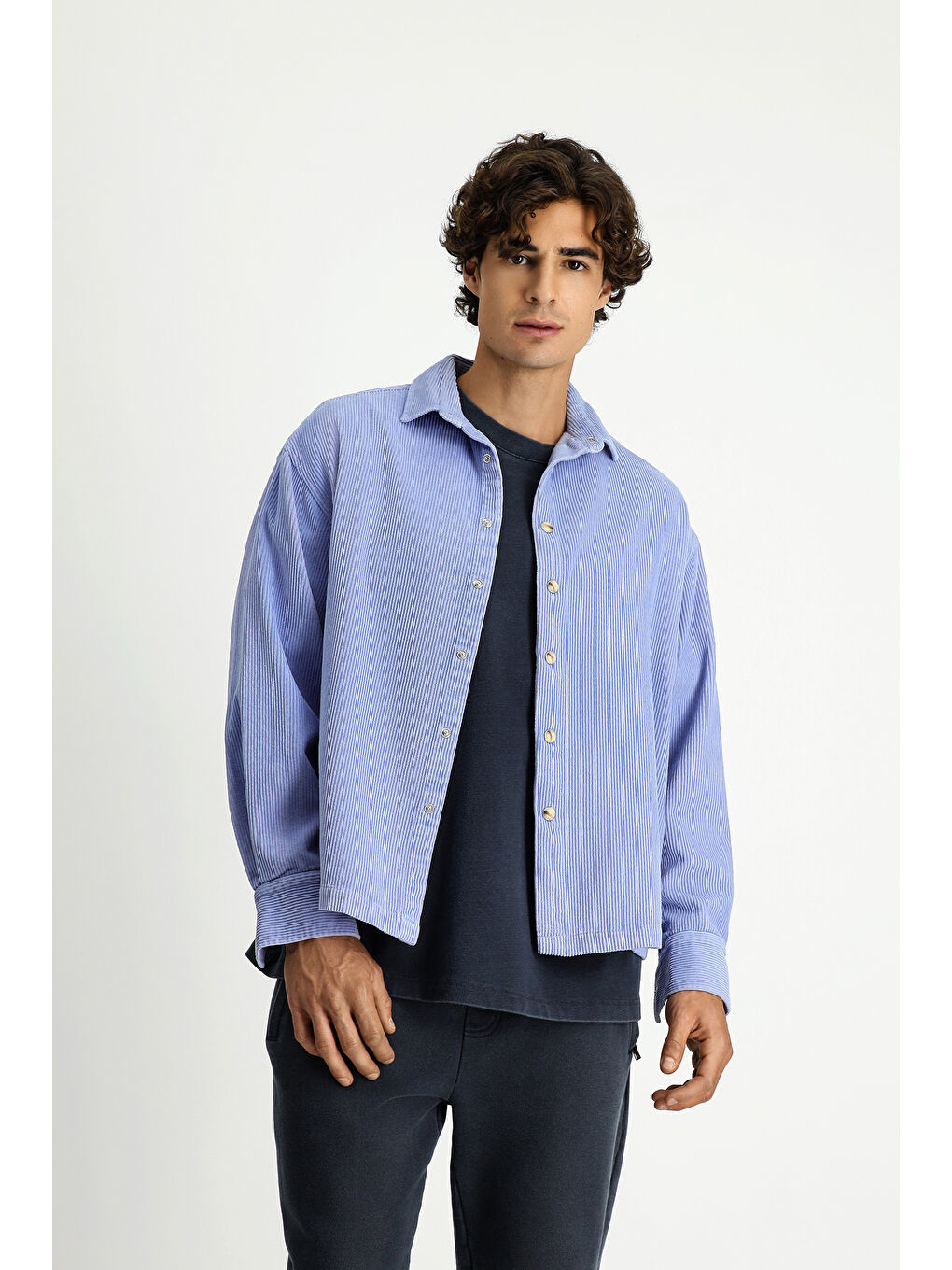 Mavi Uzun Kol Oversize Ekstra Rahat Kesim Pamuk Spor Kadife Gömlek-2