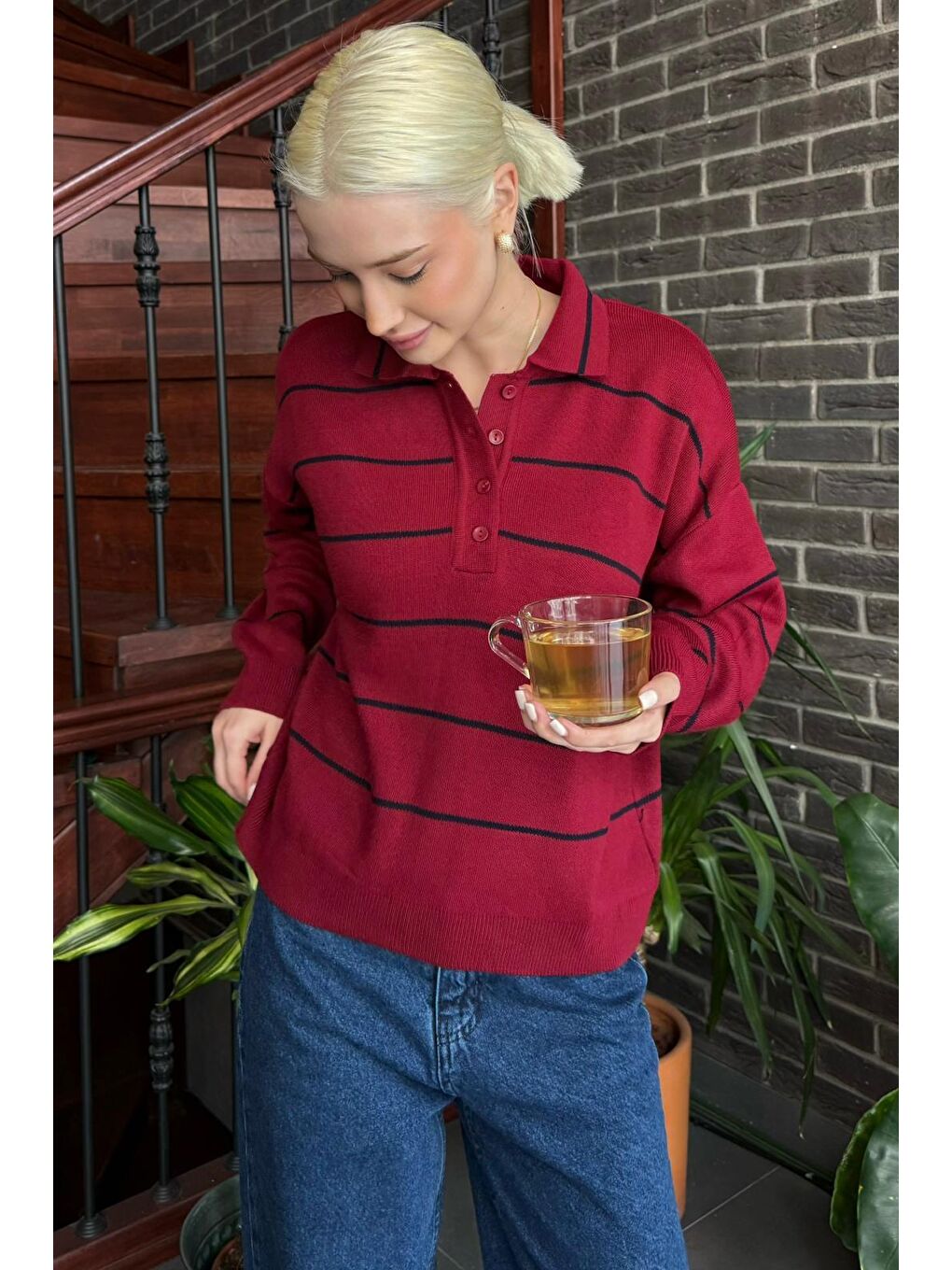 Bordo Çizgili Polo Yaka Kadın Triko Kazak Mg2470-3