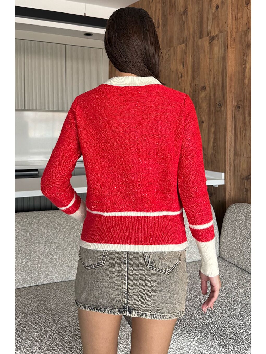 Kırmızı Sahte Cepli Triko Hırka (s,m,l Uyumludur)-2