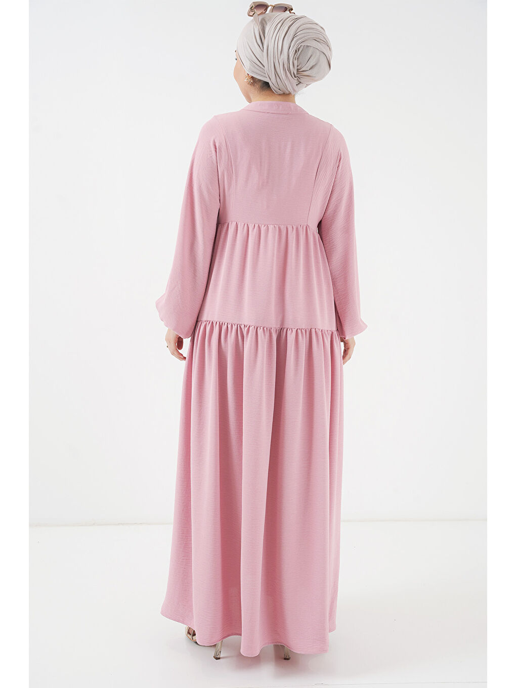 Pembe 2527 Kadın Uzun Tesettür Elbise - Pudra-5