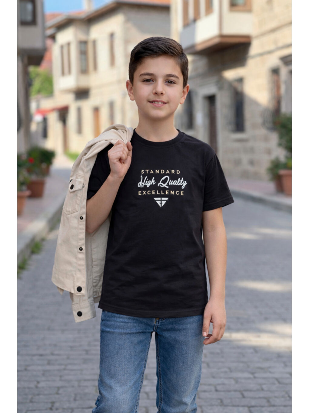 Bej Erkek Çocuk Çıtçıtlı Gömlek Tişört Üst Takım-4