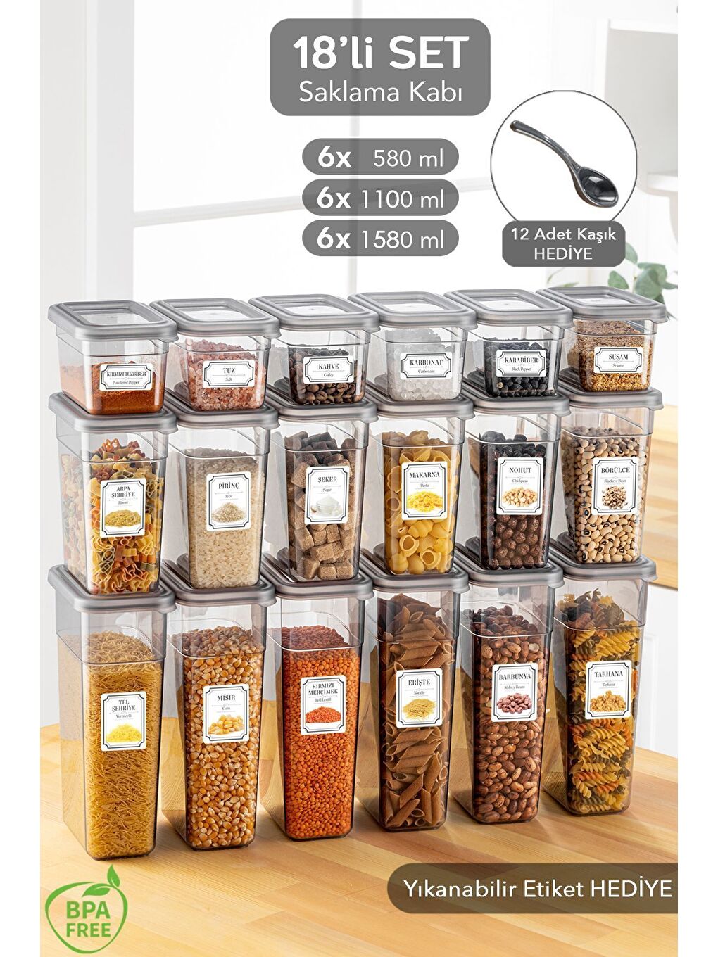 Gri 18 li Sızdırmaz Kapak Kaşıklı Saklama Kabı Seti 6x 580 ml 1100 ml 1580 ml
