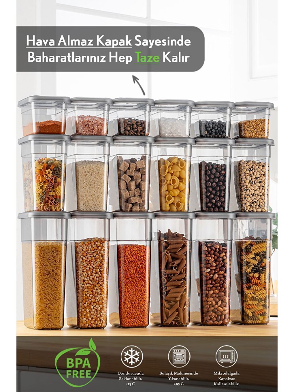 Gri 18 li Sızdırmaz Kapak Kaşıklı Saklama Kabı Seti 6x 580 ml 1100 ml 1580 ml-1