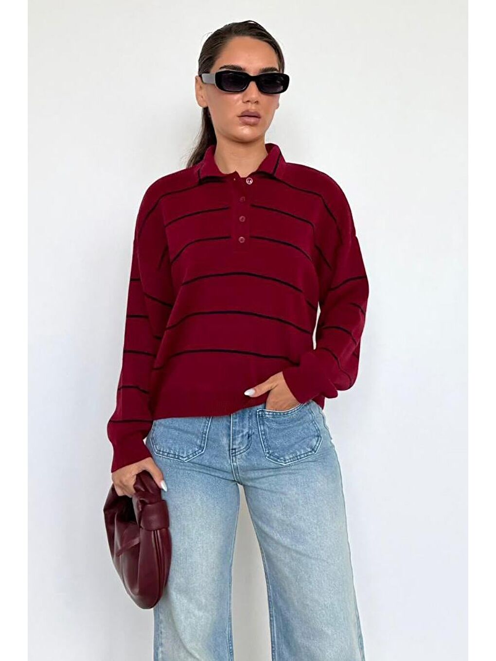 Bordo Çizgili Polo Yaka Kadın Triko Kazak Mg2470-4