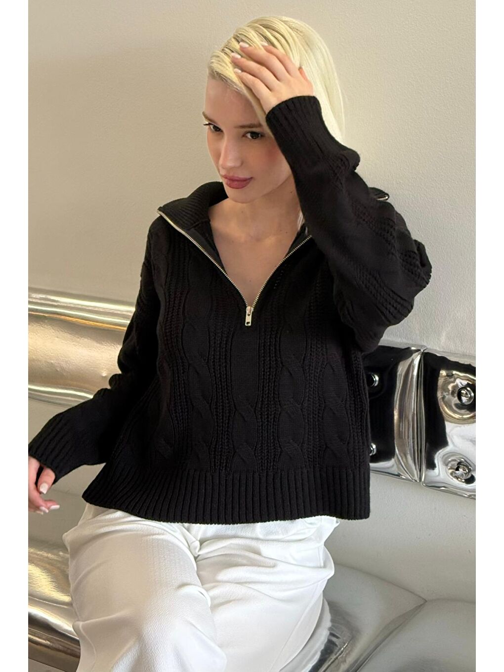 Siyah Örgü Desenli Kadın Triko Kazak Mg2546-3