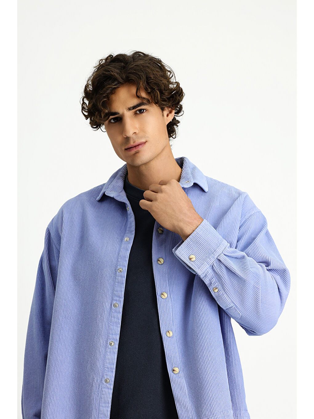 Mavi Uzun Kol Oversize Ekstra Rahat Kesim Pamuk Spor Kadife Gömlek-3