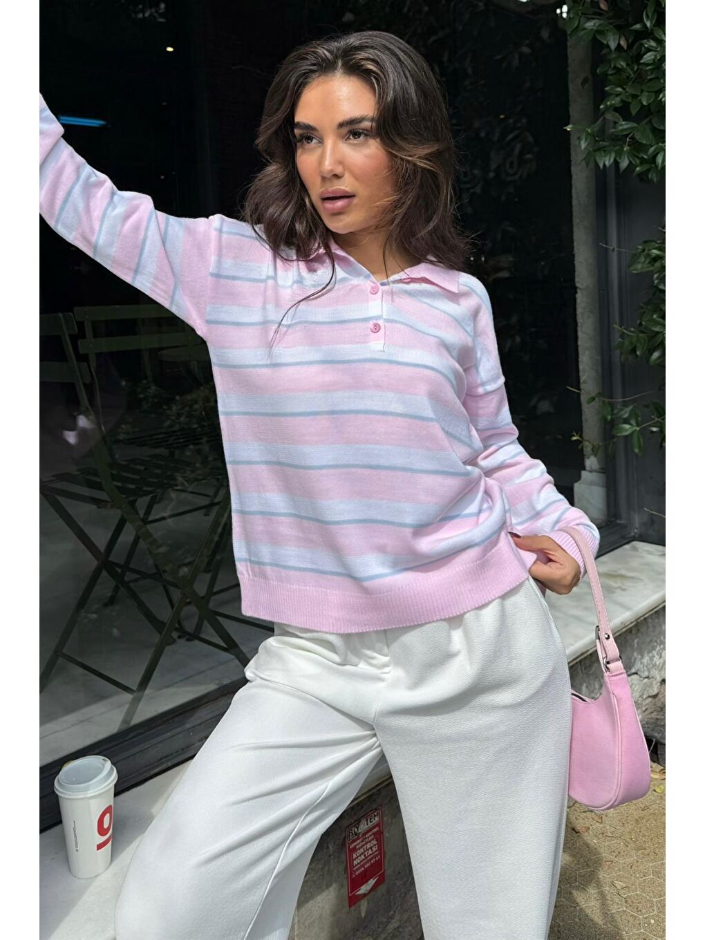 Pembe Çizgili Polo Yaka Düğmeli Kadın Kazak Mg2561