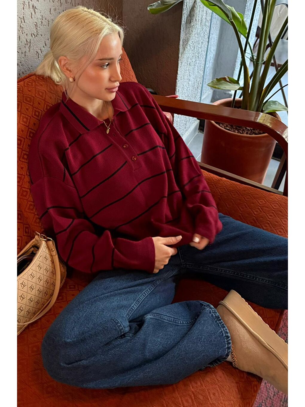 Bordo Çizgili Polo Yaka Kadın Triko Kazak Mg2470-5