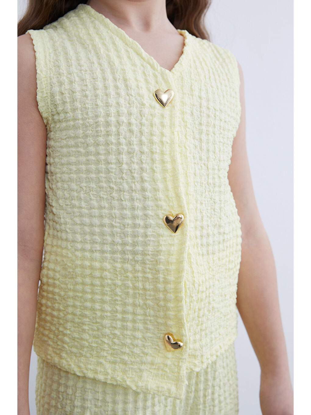 Sarı Kalp Düğmeli Dokulu Yelekli Kız Çocuk 2 Li Takım-3