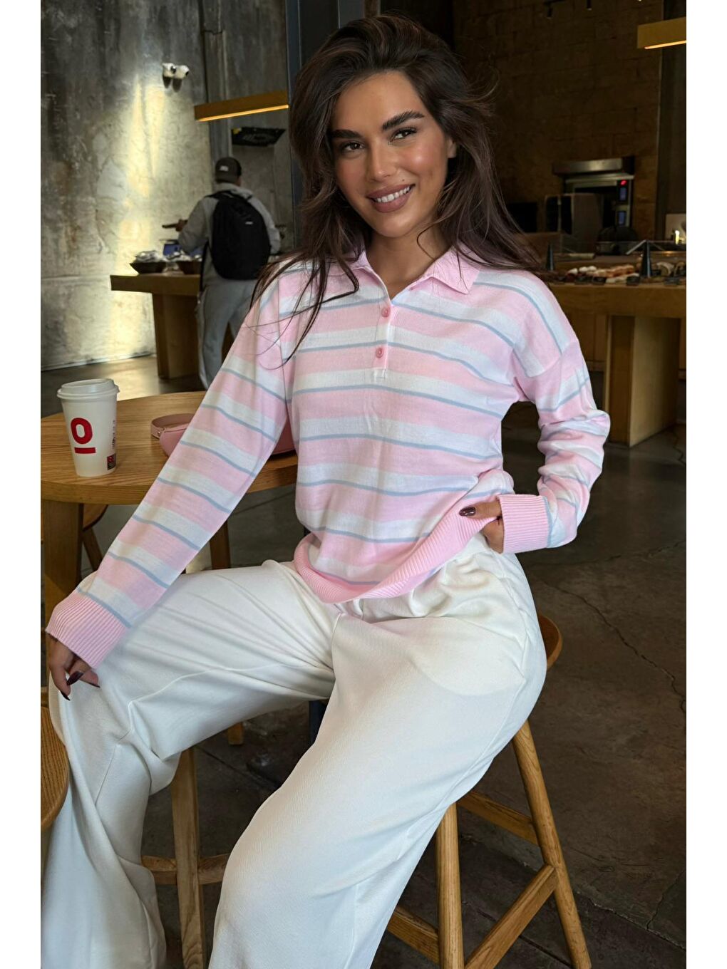 Pembe Çizgili Polo Yaka Düğmeli Kadın Kazak Mg2561-1