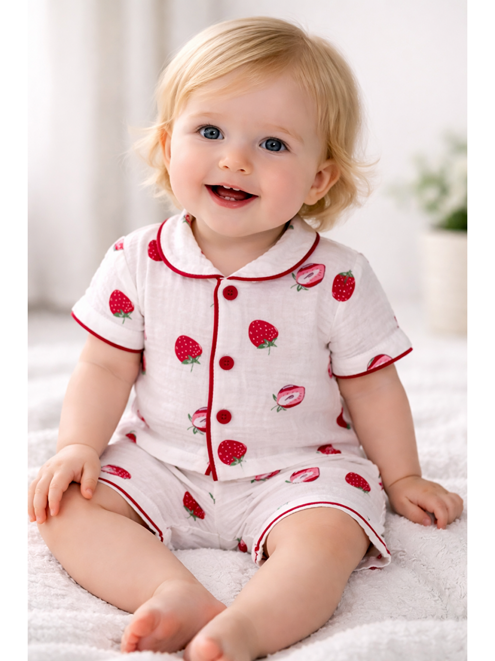 Kırmızı Kız Bebek Müslin Kumaş Alt-Üst Pijama Takımı 2li Takım Şortlu Yazlık