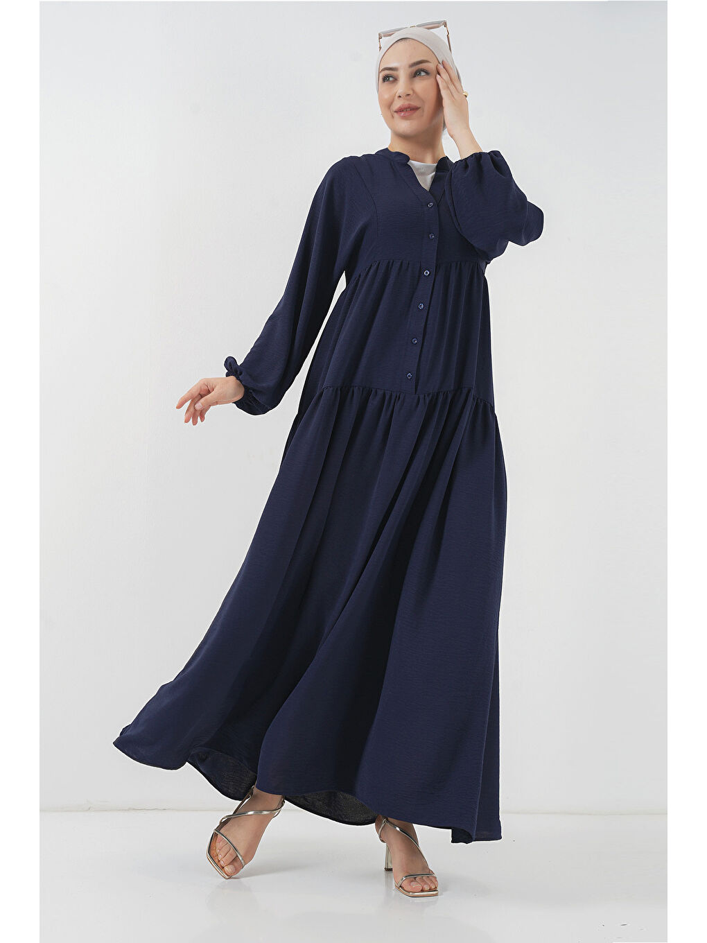 2527 Kadın Uzun Tesettür Elbise - Lacivert