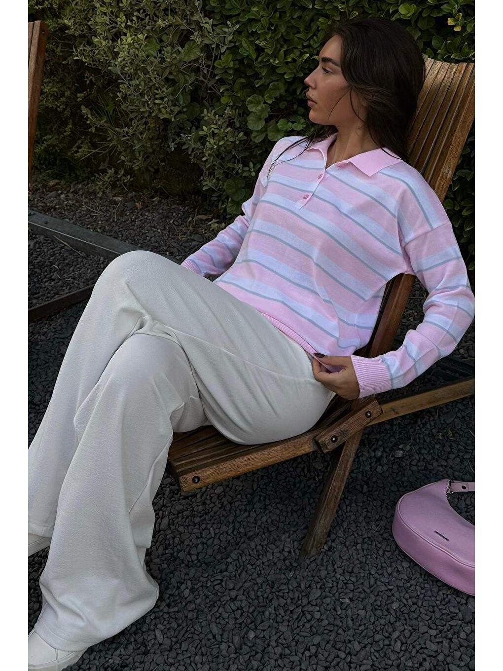 Pembe Çizgili Polo Yaka Düğmeli Kadın Kazak Mg2561-3