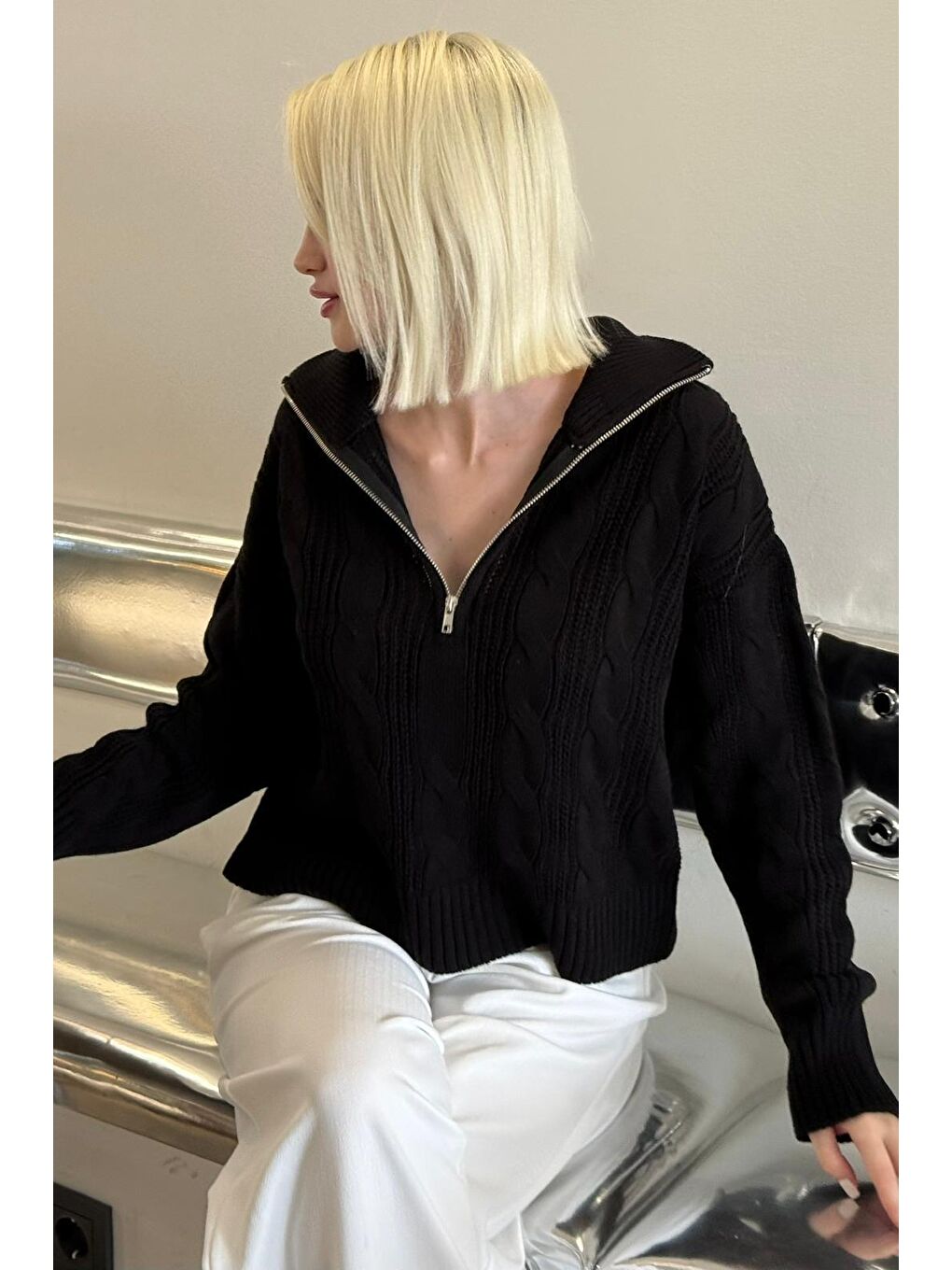 Siyah Örgü Desenli Kadın Triko Kazak Mg2546-5