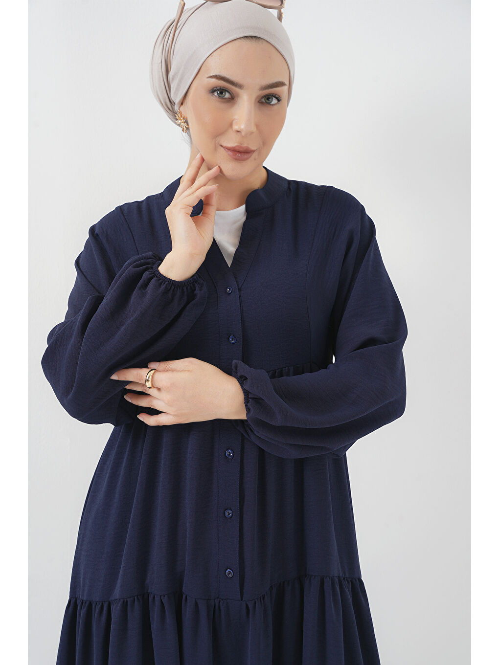 2527 Kadın Uzun Tesettür Elbise - Lacivert-2