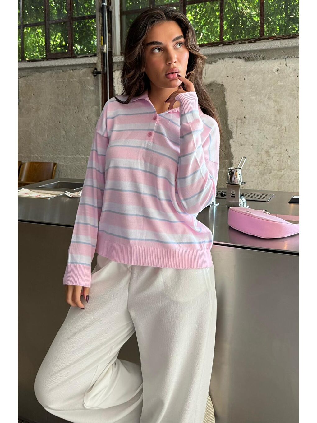 Pembe Çizgili Polo Yaka Düğmeli Kadın Kazak Mg2561-4