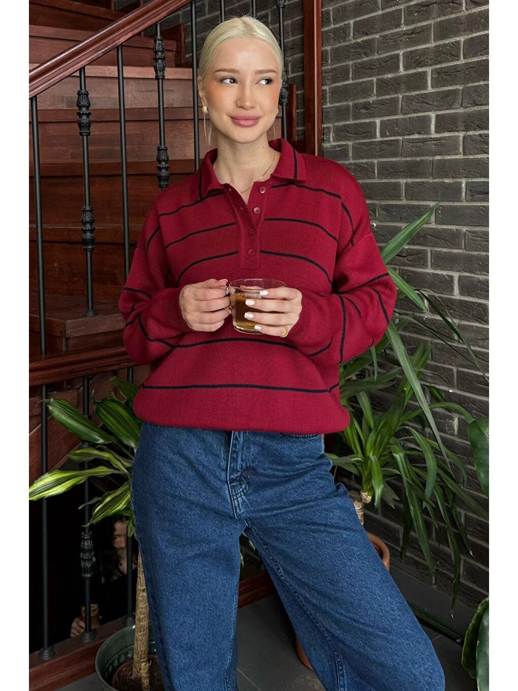 Bordo Çizgili Polo Yaka Kadın Triko Kazak Mg2470-6