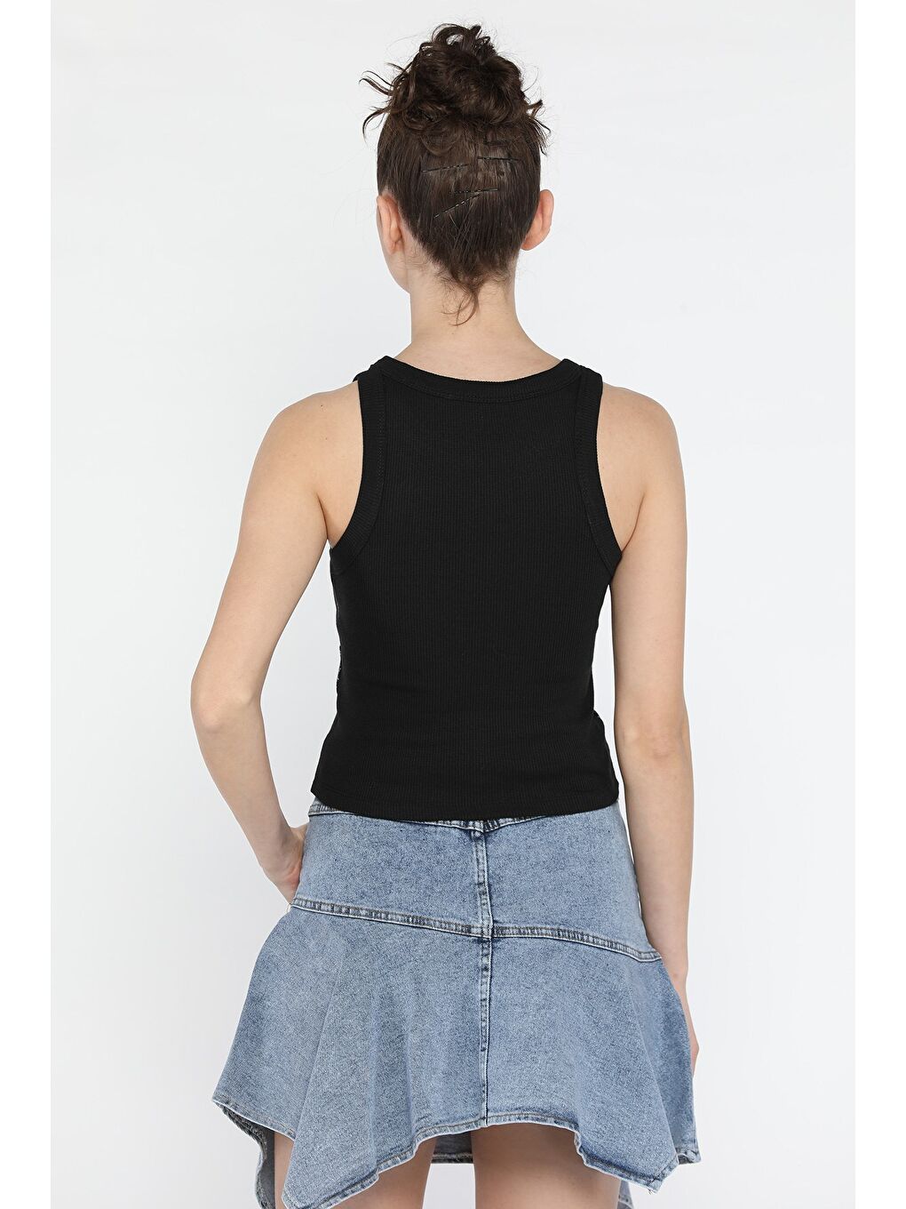 Siyah Kadın Işıltılı Sıfır Kol Kaşkorse Bluz-3