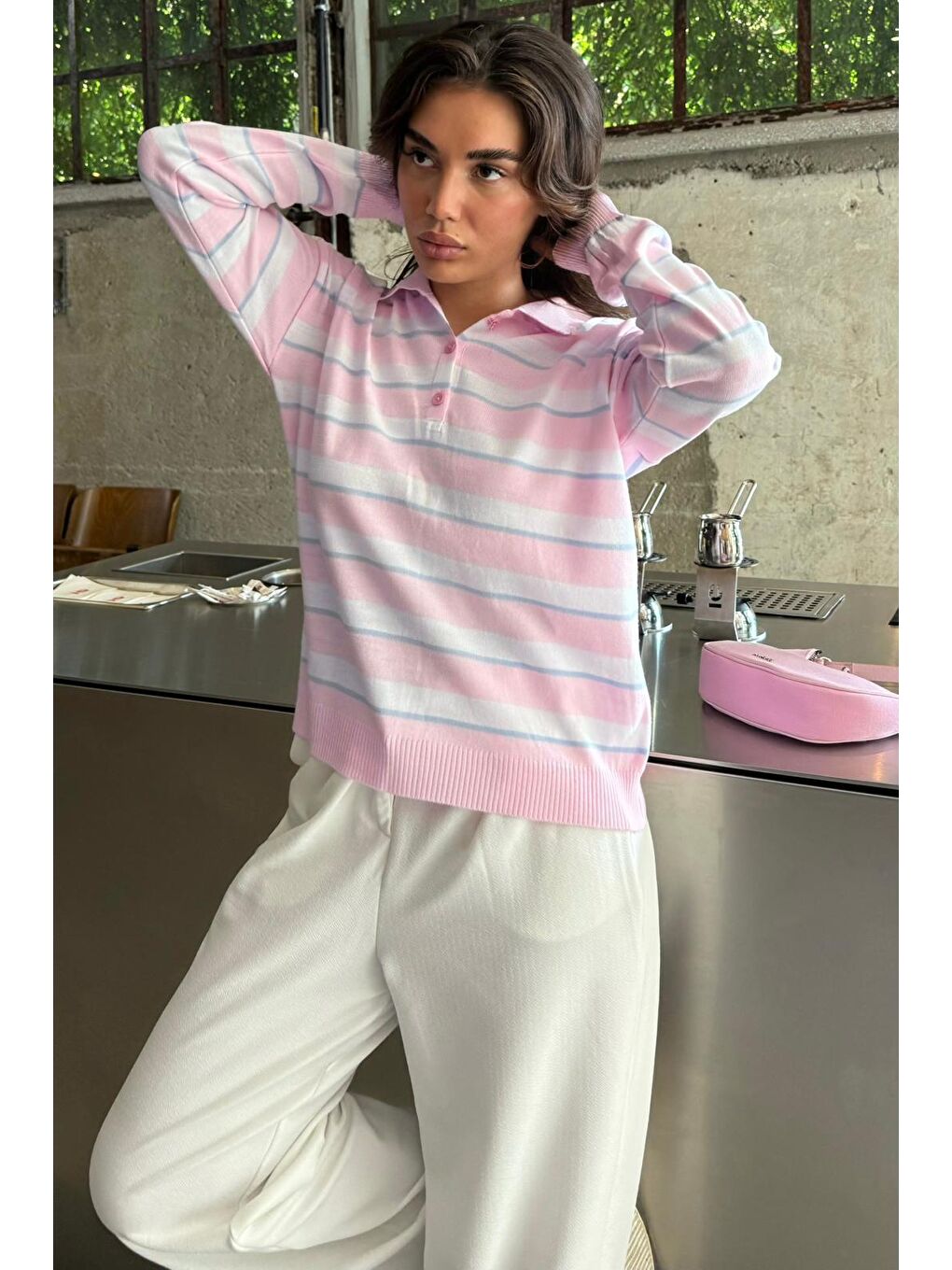 Pembe Çizgili Polo Yaka Düğmeli Kadın Kazak Mg2561-5