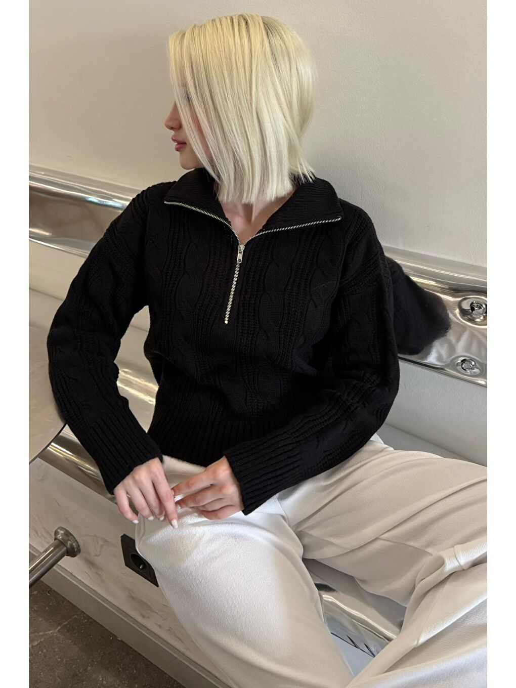 Siyah Örgü Desenli Kadın Triko Kazak Mg2546-6