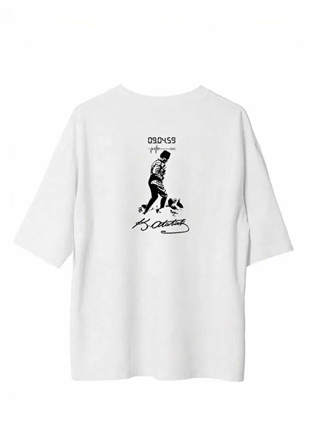 Unisex Bisiklet Yaka Baskılı Oversize T-Shirt - Beyaz-1