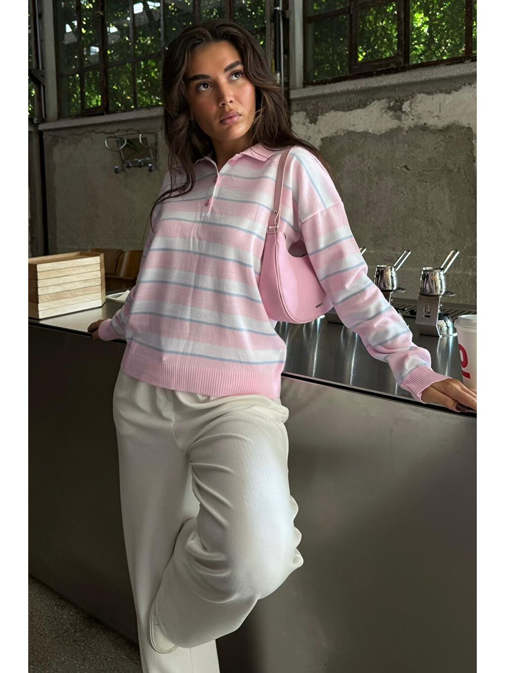 Pembe Çizgili Polo Yaka Düğmeli Kadın Kazak Mg2561-6