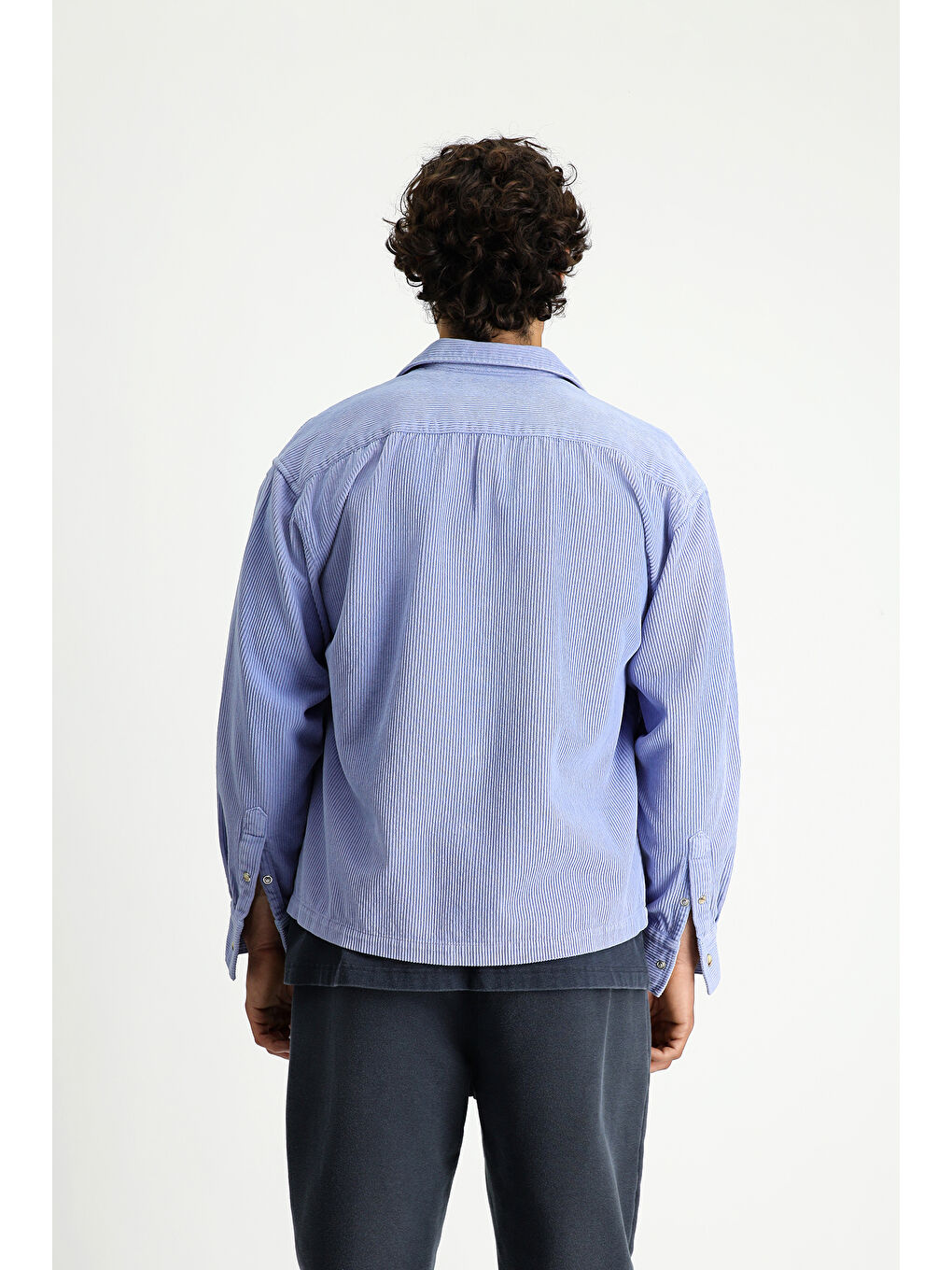 Mavi Uzun Kol Oversize Ekstra Rahat Kesim Pamuk Spor Kadife Gömlek-4