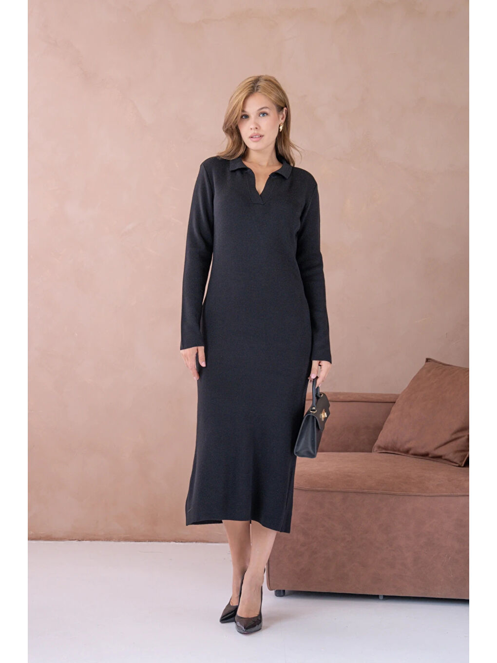 Siyah Kadın Polo Yaka Yamuşak Dokulu Maksi Boy Triko Elbise-4