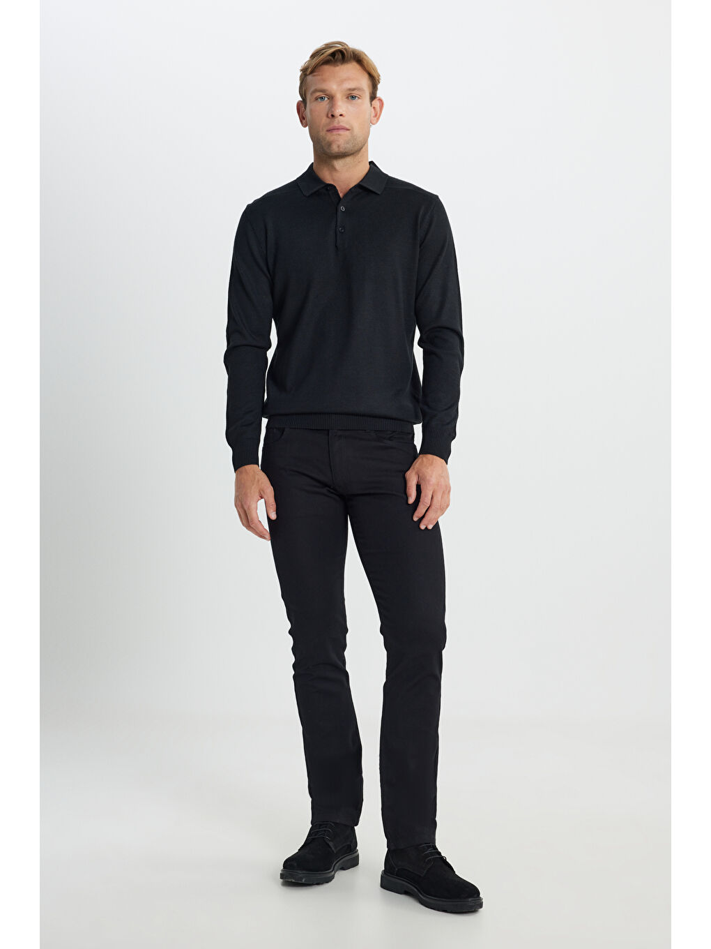 Erkek Siyah Yünlü Sıcak Tutan Standart Fit Normal Kesim Polo Yaka Triko Kazak-1