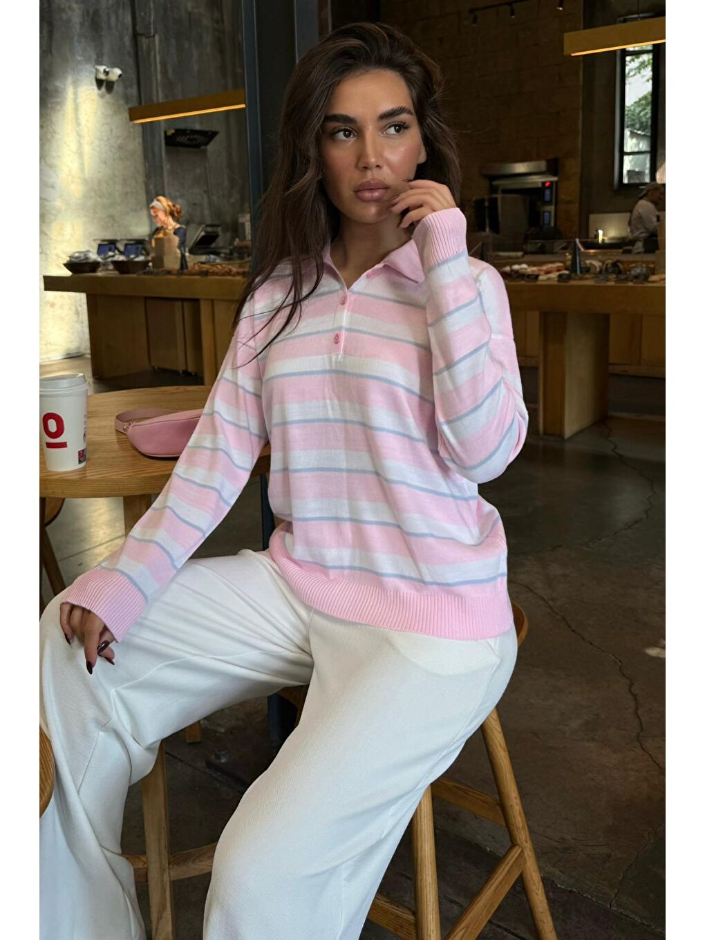 Pembe Çizgili Polo Yaka Düğmeli Kadın Kazak Mg2561-7