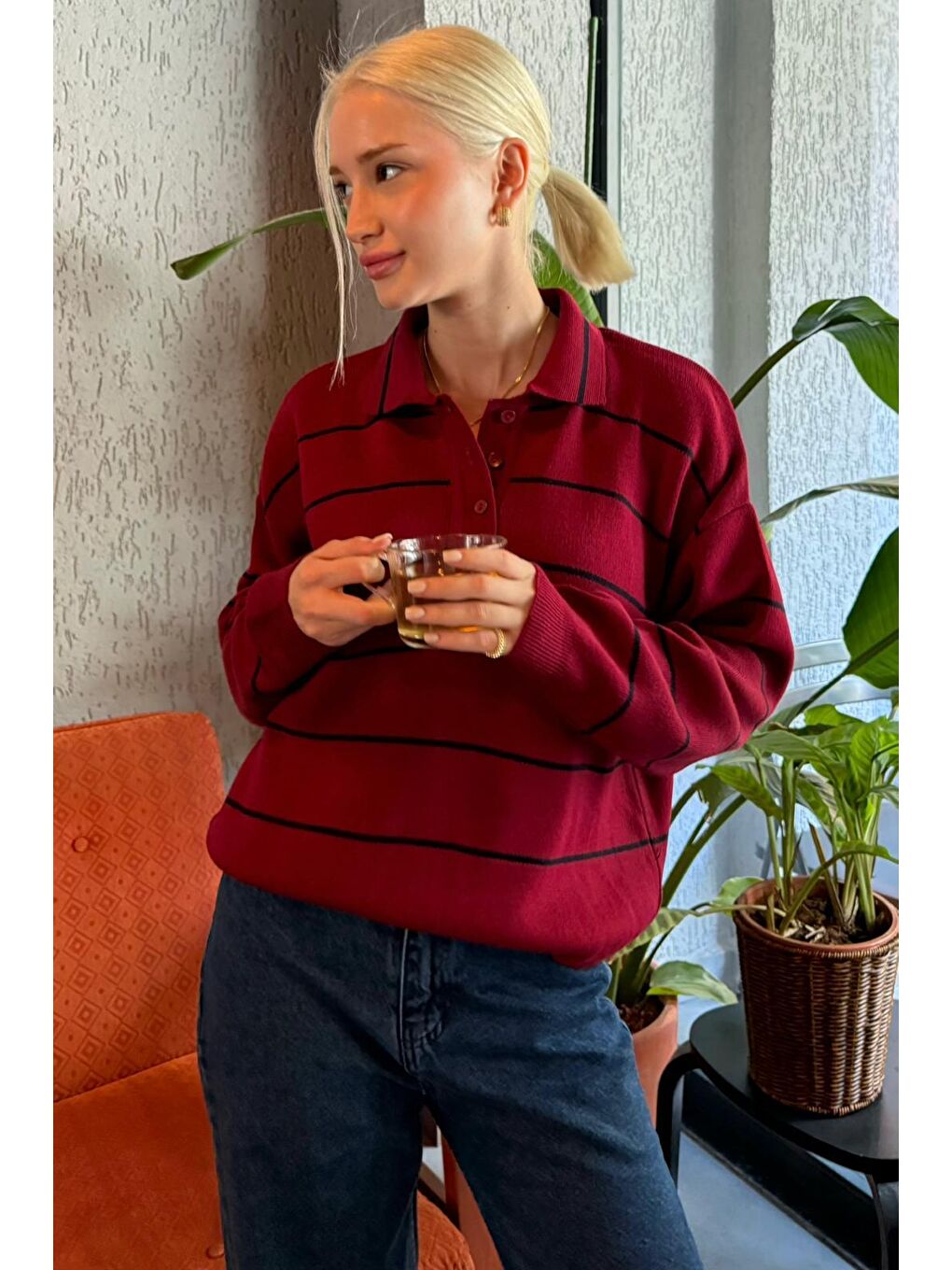 Bordo Çizgili Polo Yaka Kadın Triko Kazak Mg2470-7