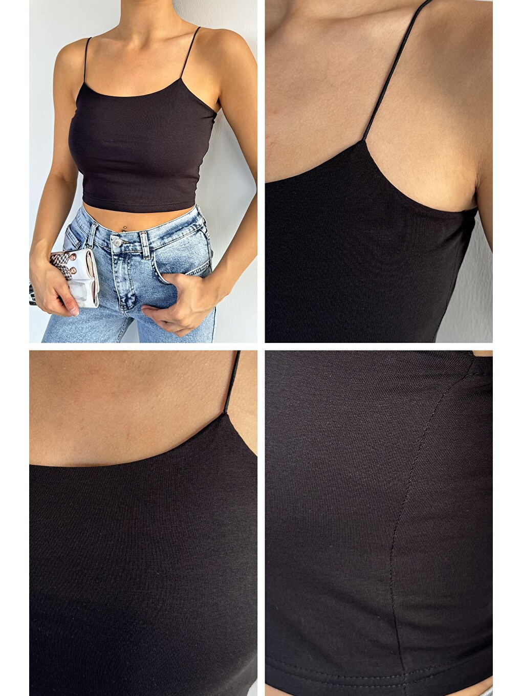 Siyah Kadın Lastik Askılı Elastanlı Crop Top Bluz-4