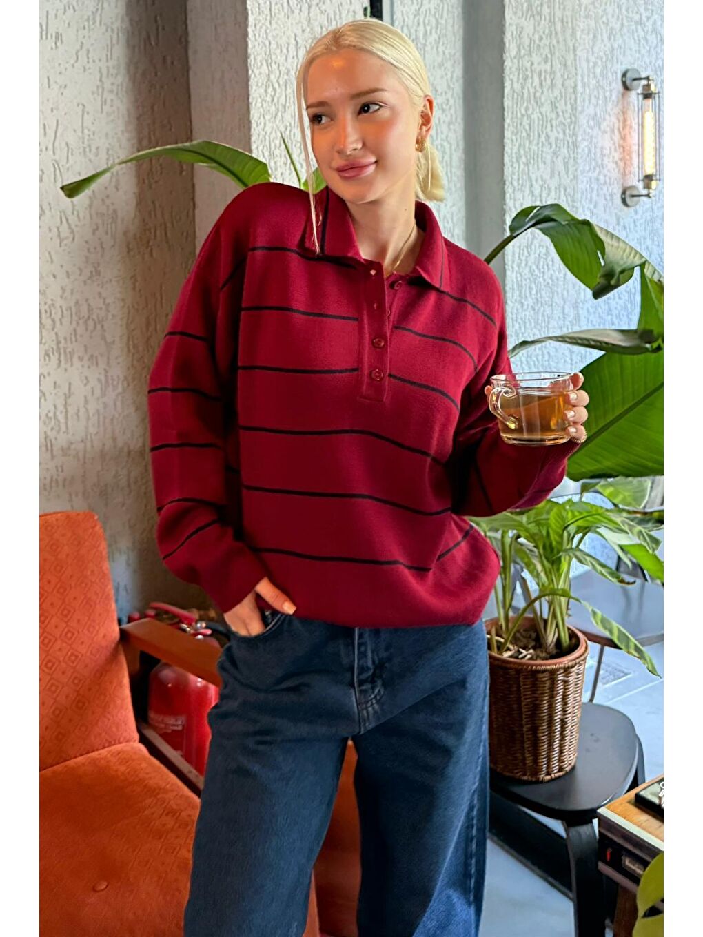 Bordo Çizgili Polo Yaka Kadın Triko Kazak Mg2470-8