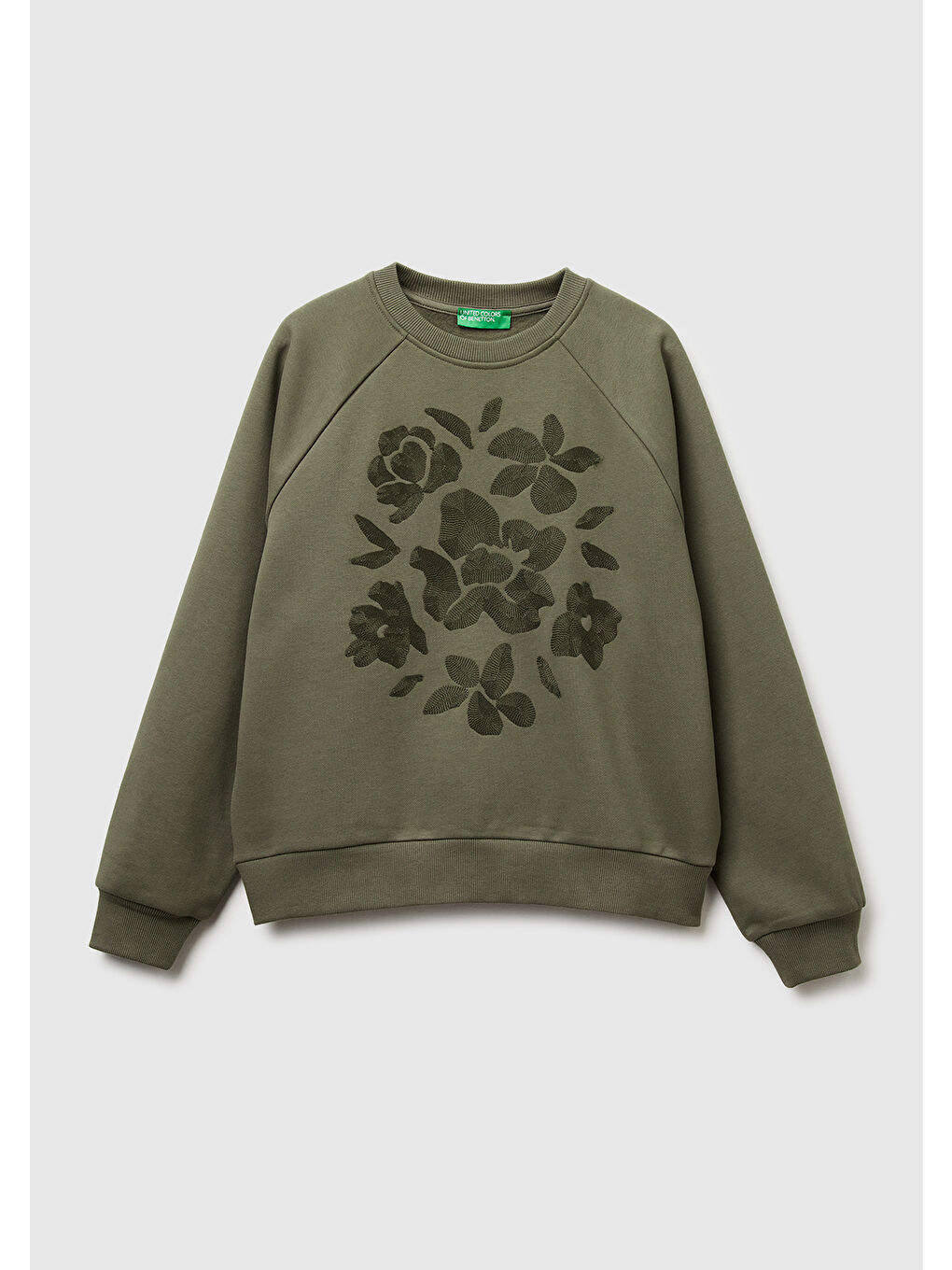 Kadın Haki Pamuk Karışımlı Önü Çiçek Desenli Bisiklet Yaka Sweatshirt-1