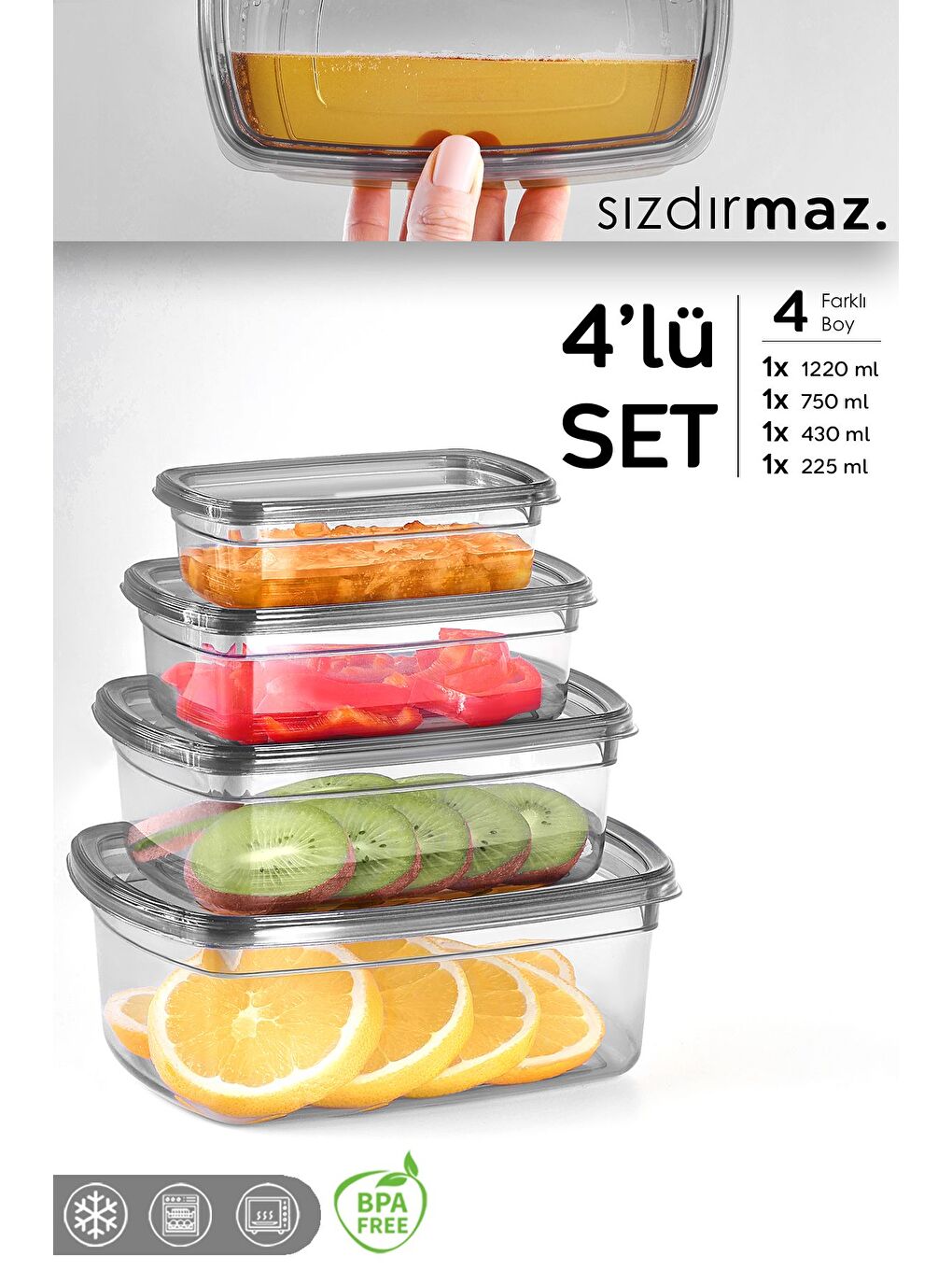4'lü Sızdırmaz Saklama Kabı Seti Düzenleyici Organizer Erzak Kabı 1x 225 430 750 1220 ml Antrasit