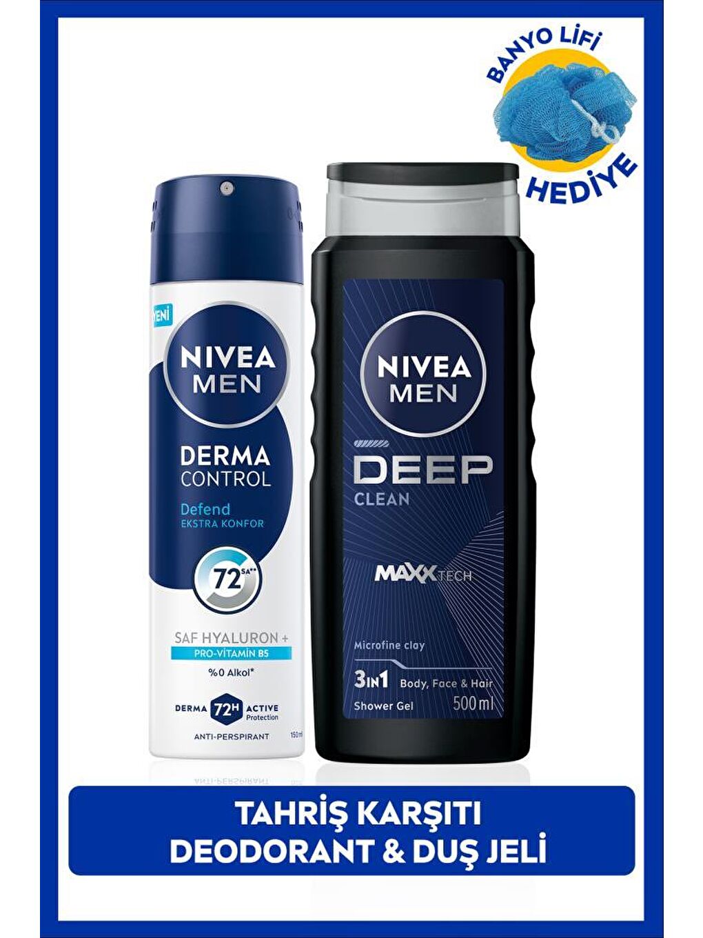 MEN Erkek Deep Dimension Duş Jeli 500ml ve Sprey Deodorant Derma Control Defend 150ml, Lif Hediyeli