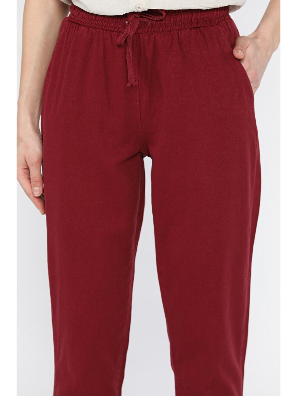 Bordo Kadın Yüksek Bel Paça Püskül Detaylı Gabardin Pantolon-3