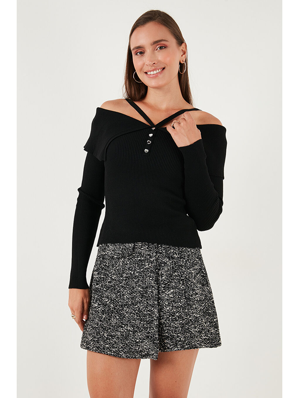 Siyah Premium Fitted Fit Carmen Yaka İp Askı Detaylı Triko Kazak 680KZ00076-2